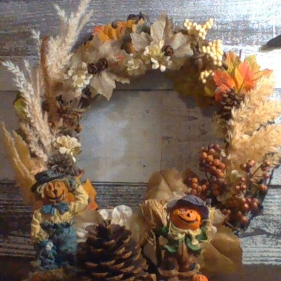 Handmade Fall Wreath Decor with Pumpkin Scarecrows - Picture 1 of 9